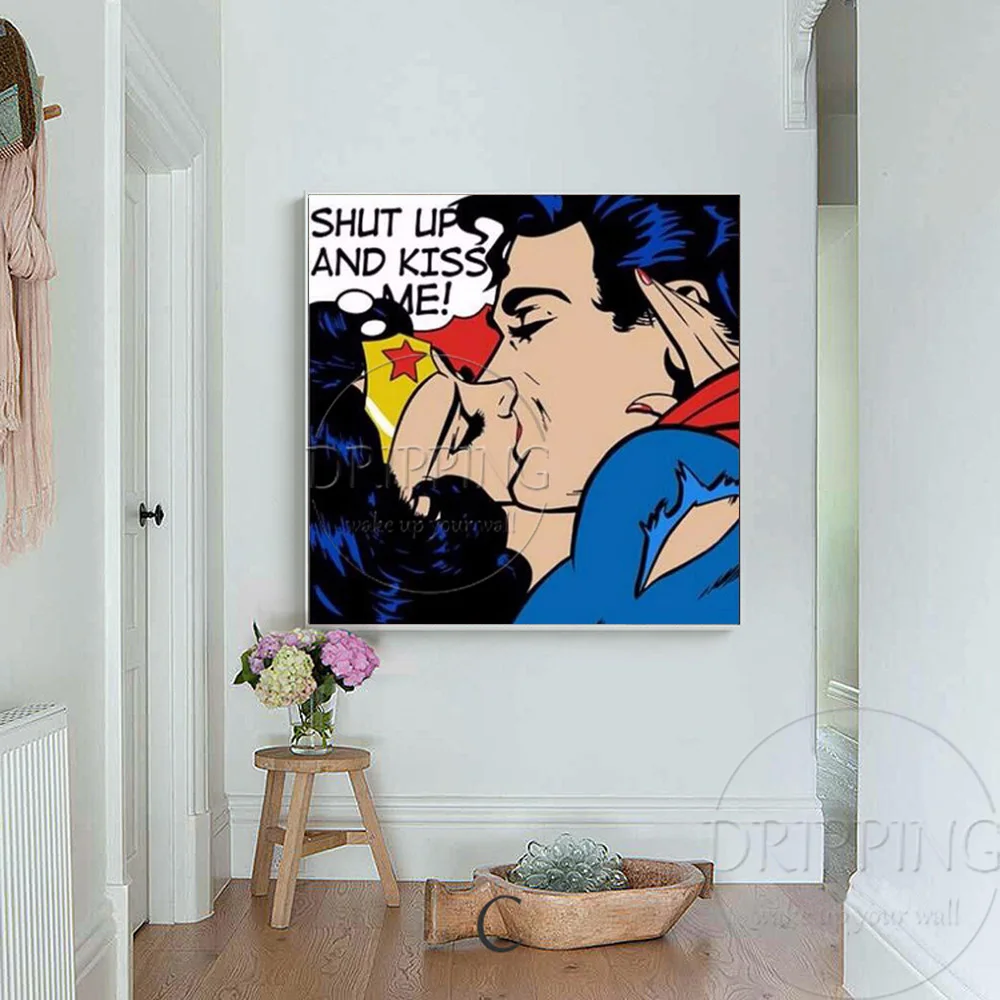 Pure Hand-painted Funny Design Canvas Painting Handmade Wonder Woman and Super Man Oil Painting Funny Kissing Oil Painting
Pure Hand-painted Funny Design Canvas Painting Handmade Wonder Woman and Super Man Oil Painting Funny Kissing Oil Painting