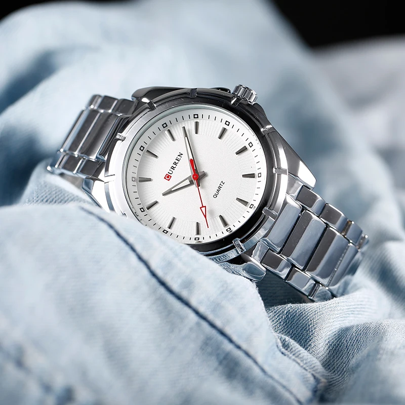 CURREN New Sport White Watches Waterproof Men's Quartz Red Hands Japan Movement Silver Stainless Steel Clock Male | Наручные часы