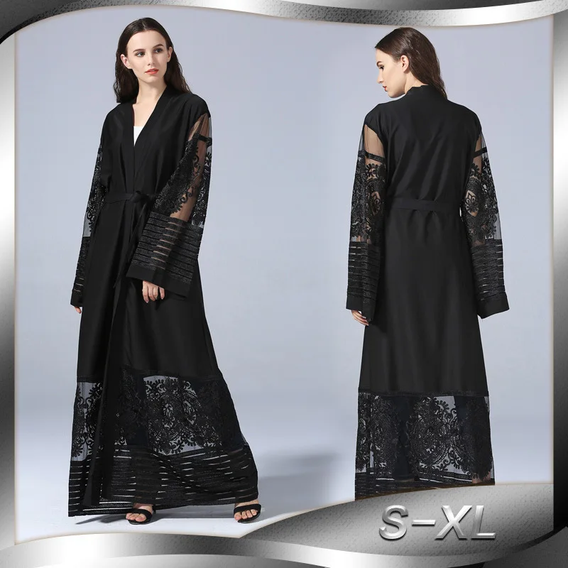 Fashion Embroidery Women Muslim Dress Patchwork Cardigan Abaya Dubai Islamic Dress Mesh Hollow Out Turkish Dress with Sash
Fashion Embroidery Women Muslim Dress Patchwork Cardigan Abaya Dubai Islamic Dress Mesh Hollow Out Turkish Dress with Sash