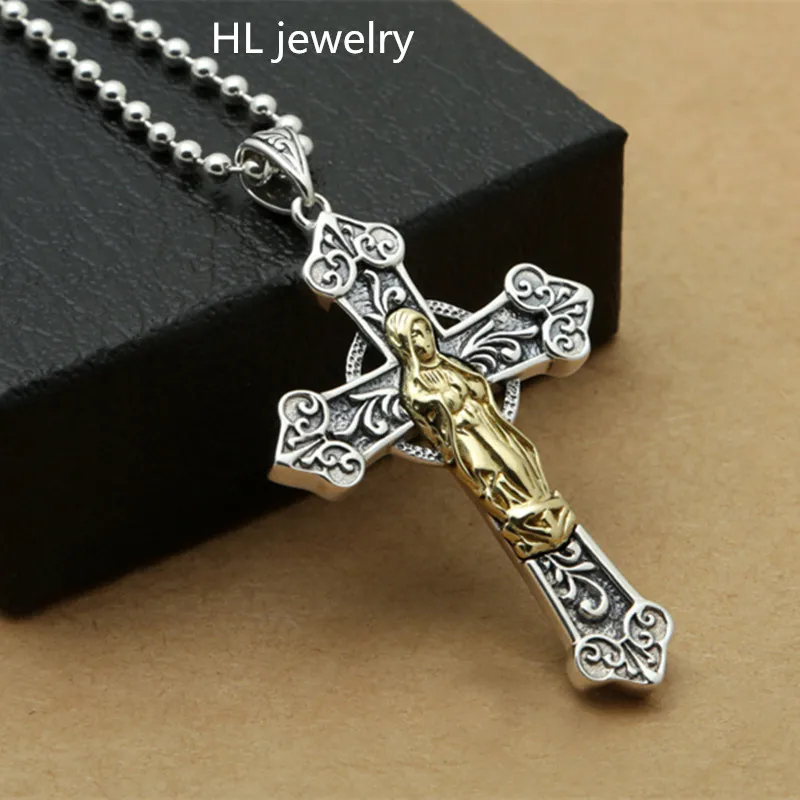 Мужской длинный чокер из серебра 925 пробы с крестом Девы Марии 20 г|choker necklace|jewelry