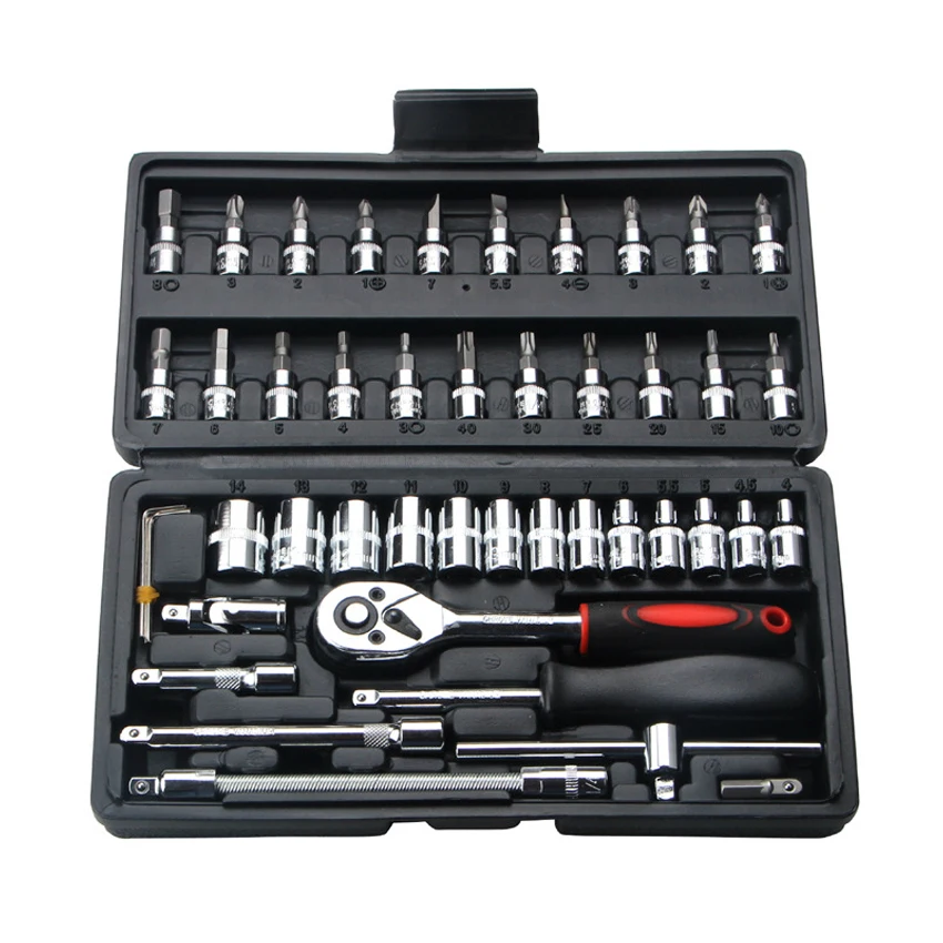 46pcs Combination Tool Set 1/4 Ratchet Wrench Socket Screwdriver Kit with Plastic Toolbox Household Car Repair Hand Tool Set
46pcs Combination Tool Set 1/4 Ratchet Wrench Socket Screwdriver Kit with Plastic Toolbox Household Car Repair Hand Tool Set
