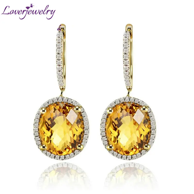 

LOVERJEWELRY Vintage Drop Earring Oval 10x12mm Citrine Earrings Female Solid 14Kt Real Diamond Jewelry 585 Yellow Gold E0003