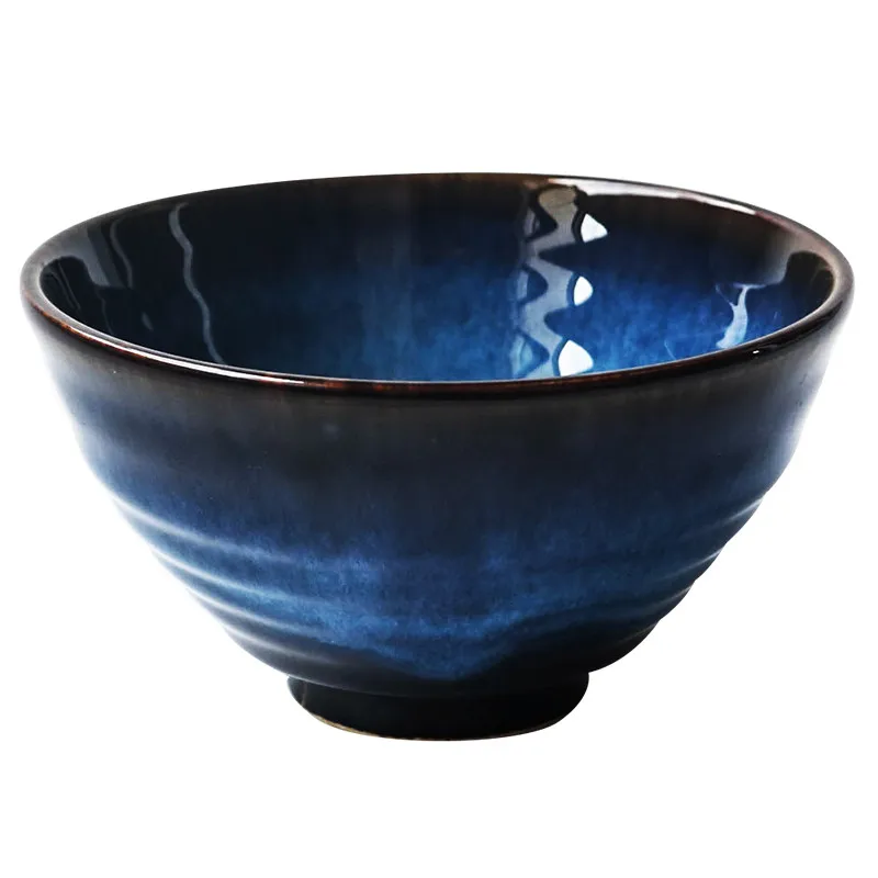 KINGLANG Ceramic Deep Blue Porcelain Salad Soup Bowl Household Rice Noodle Bowl Tableware