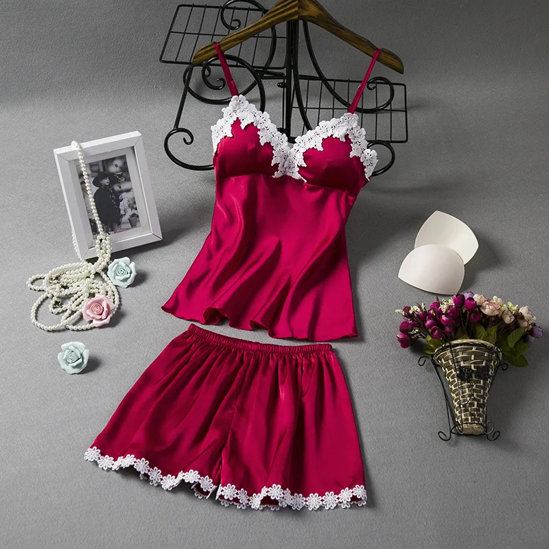 Women Summer New Shorts Sexy Nightwear Two-piece Women Satin Pajamas Set Suit Artificial Silk Home Lace Chest Pad
Women Summer New Shorts Sexy Nightwear Two-piece Women Satin Pajamas Set Suit Artificial Silk Home Lace Chest Pad