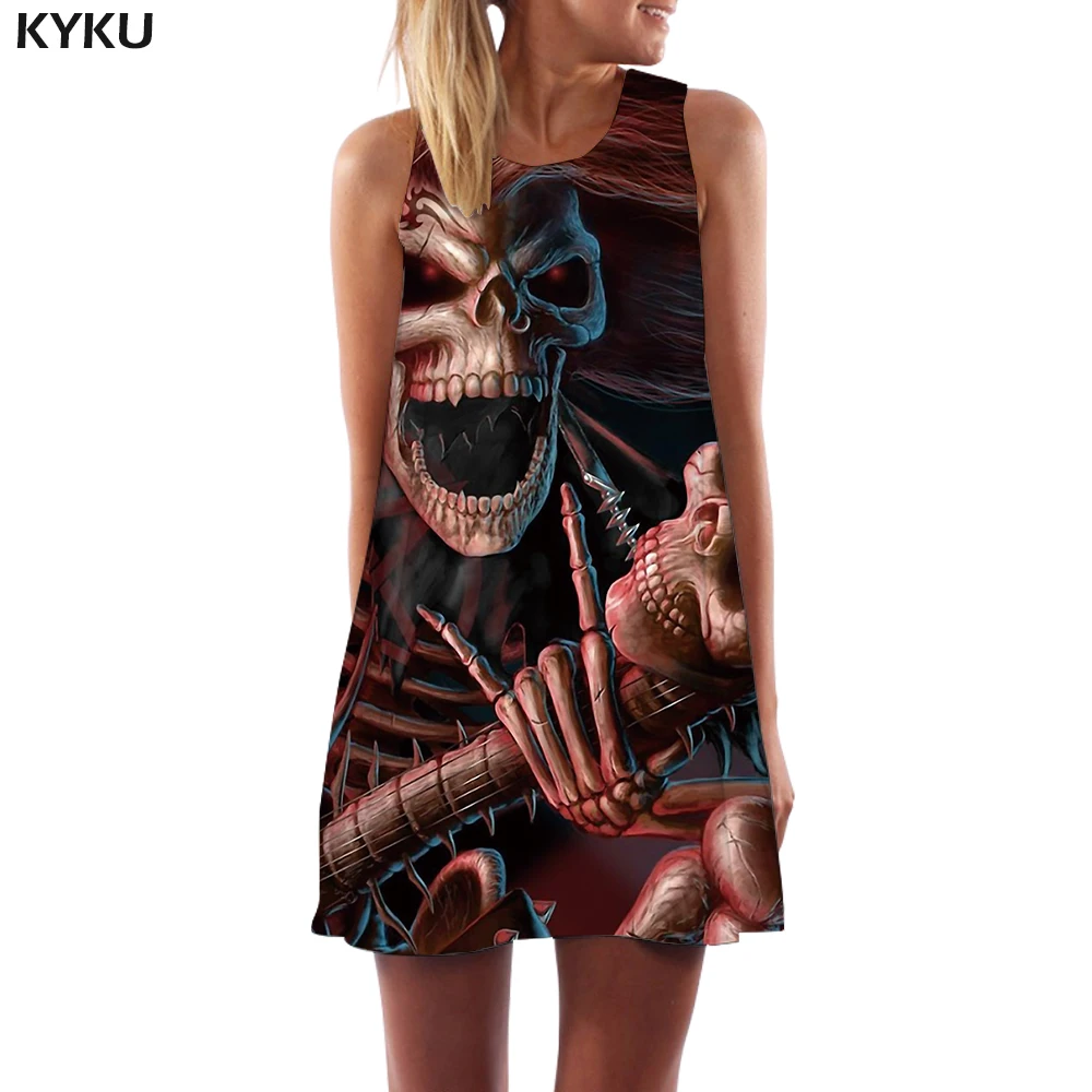 

KYKU Brand Skull Dress Women Music Office Skeleton Sundress Gothic Mini Punk Rock Boho Womens Clothing Tassel New Wrap