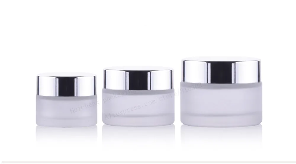 

200 X New Design Frost Glass Make Up Cream Jar Pot Containers With Uv Shining Silver Cap and White Pad 15g 30g 50g