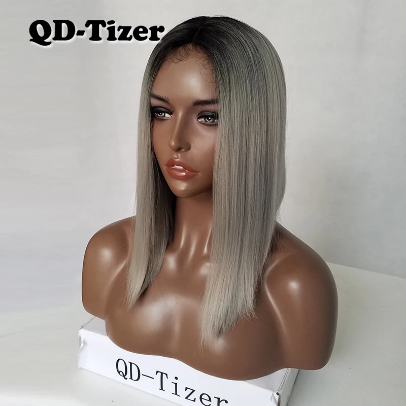 QD Tizer Ombre серый 2 тона синтетический парик фронта шнурка черный корень короткие