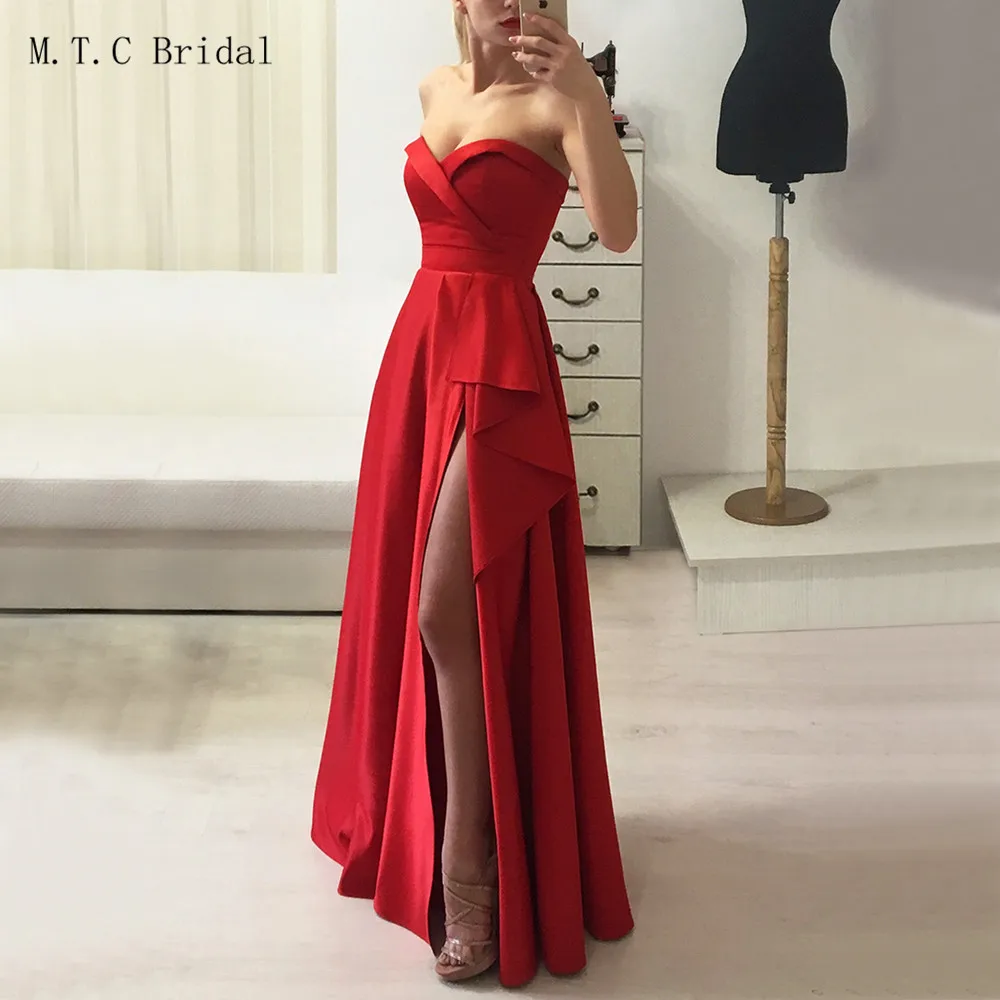 New 2019 Red Arabic Evening Dress Long Strapless Side Slit Satin A Line Floor Length Sexy Wedding Party Dresses Cheap Prom Gowns
New 2019 Red Arabic Evening Dress Long Strapless Side Slit Satin A Line Floor Length Sexy Wedding Party Dresses Cheap Prom Gowns