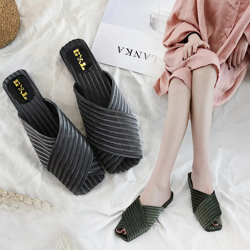 PADEGAO Summer Fashion Leisure Slippers for Women Outdoor Flock Striped Mature Slides Platform Solid Open Toe Casual Shoes | Обувь