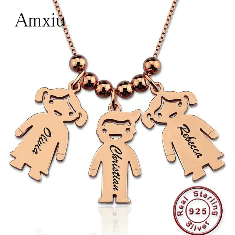 

Amxiu Custom 925 Sterling Silver Pendant Necklace Engrave 1-3 Names Figure Jewelry For Women Mother's Gift Children Kids ID Tags