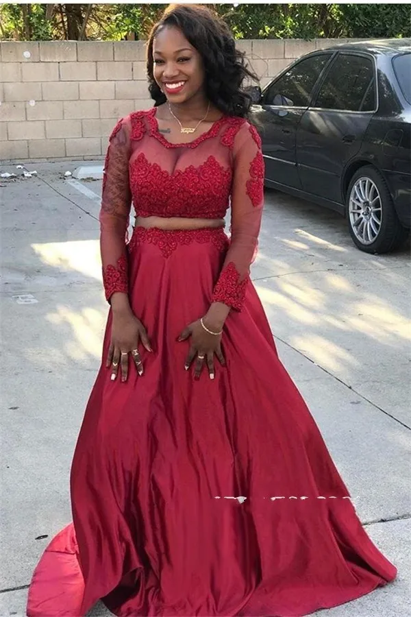 Elegant Two Pieces Evening Dresses 2019 Applqiues Sheer Long Sleeve Satin Prom Dress A-line
Elegant Two Pieces Evening Dresses 2019 Applqiues Sheer Long Sleeve Satin Prom Dress A-line