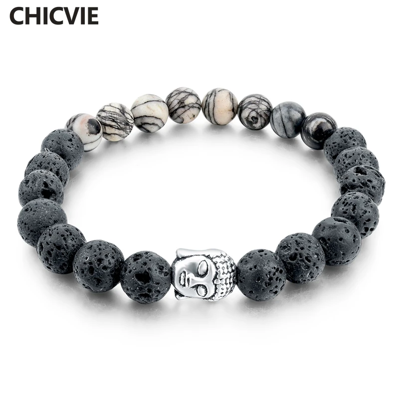 

CHICVIE Lava Stone Distance Bracelets & Bangles For Women Men Silver Buddha Vintage Bohemian Jewelry Making Bracelet SBR160134