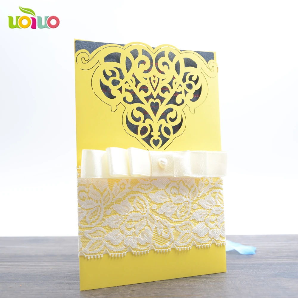 

50Pcs yellow pocket Wedding Party Romantic Invitation card Laser Cut Delicate Carved Pattern Wedding Invitations Party Supplie
