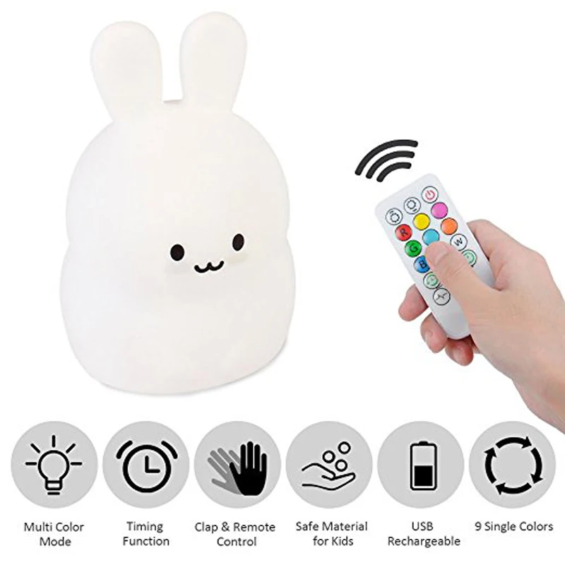 Baby LED Night Light, Remote Control + Sensor Tap Control, 4 Modes and 9 Colors, USB Rechargeable, Silicone Nursery Lamp-Rabbit
Baby LED Night Light, Remote Control + Sensor Tap Control, 4 Modes and 9 Colors, USB Rechargeable, Silicone Nursery Lamp-Rabbit