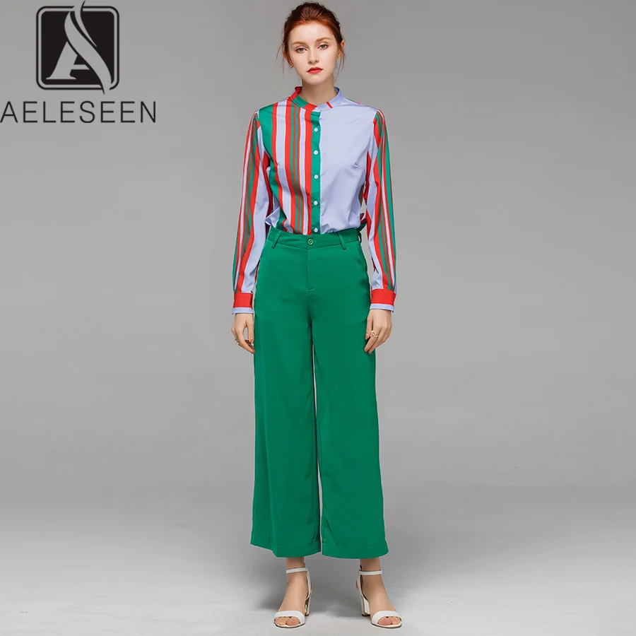 AELESEEN New Design Casual Twinset Office Women Summer 2021 Light Blue Vertical Stripes Blouse Tops + Green Bell-Bottomed Pants
AELESEEN New Design Casual Twinset Office Women Summer 2021 Light Blue Vertical Stripes Blouse Tops + Green Bell-Bottomed Pants