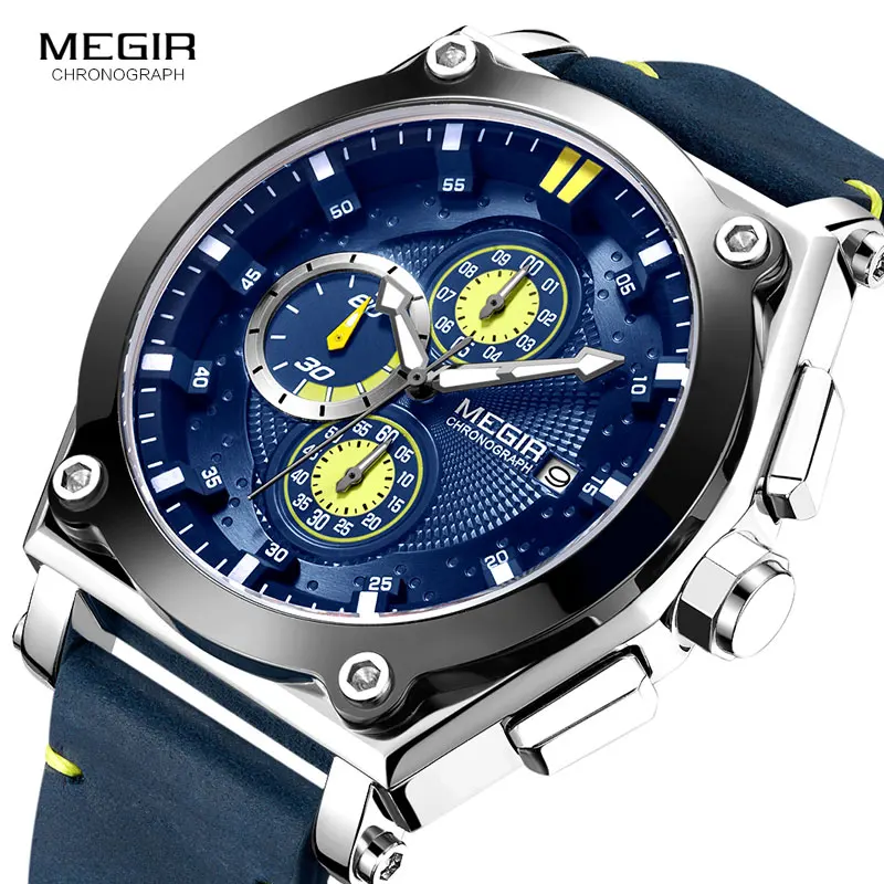 Megir Men's Leather Strap Quartz Watches Army Sports Chronograph Waterproof Wristwatch for Man Luminous Relogios Clock 2098 Blue
Megir Men's Leather Strap Quartz Watches Army Sports Chronograph Waterproof Wristwatch for Man Luminous Relogios Clock 2098 Blue