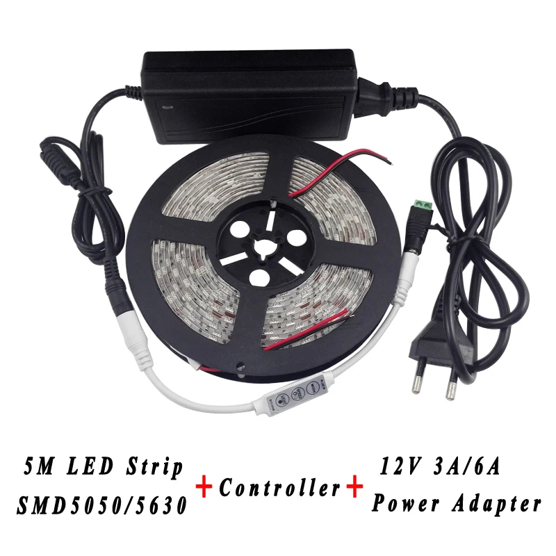 

5M 3528 5050 5630 LED Strip Waterproof Flexible Light 60leds/m + 3 Keys Controller + 12V 2A/6A Power Supply Adapter