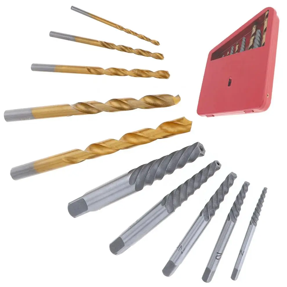 10pcs/lot CR-V Metric & Imperial Screw Extractor and Titanium Twist Drill Set with Metal Iron Box for Bolt Removal
10pcs/lot CR-V Metric & Imperial Screw Extractor and Titanium Twist Drill Set with Metal Iron Box for Bolt Removal