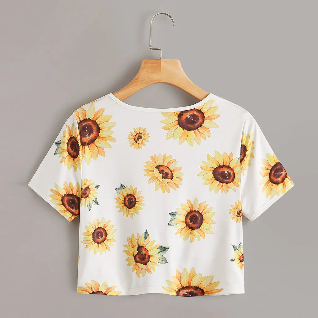Лето 2019 Sunshine футболка для женщин Подсолнух Kawaii короткий узел отдыха Удобная Vogue