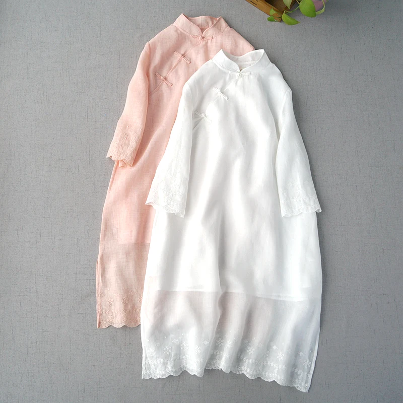 Spring Summer Women Casual Loose Plus Size Chinese Style Buttons Cheongsam Embroidery Comfortable Water Washed Ramie Dresses
Spring Summer Women Casual Loose Plus Size Chinese Style Buttons Cheongsam Embroidery Comfortable Water Washed Ramie Dresses