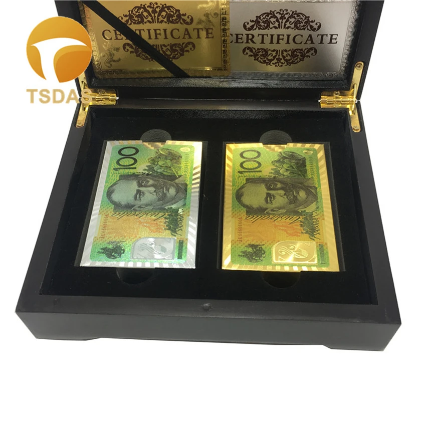 Golden & Silver New 100 AUD 24k Poker Playing Cards as Mother's Day Gift Come With Luxury Wooden Box
Golden & Silver New 100 AUD 24k Poker Playing Cards as Mother's Day Gift Come With Luxury Wooden Box