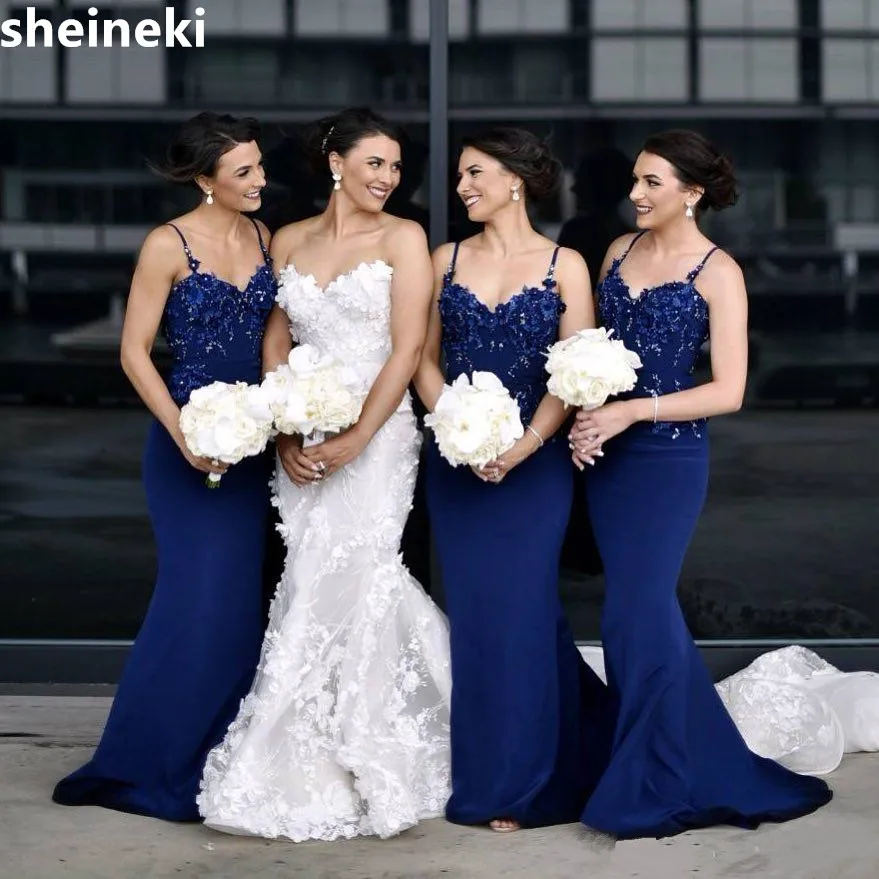 2019 Navy Blue Spaghetti Straps Mermaid Bridesmaid Dresses 3D Flowers Pleats Backless Sweep Train Maid Of Honor Dress Gowns
2019 Navy Blue Spaghetti Straps Mermaid Bridesmaid Dresses 3D Flowers Pleats Backless Sweep Train Maid Of Honor Dress Gowns