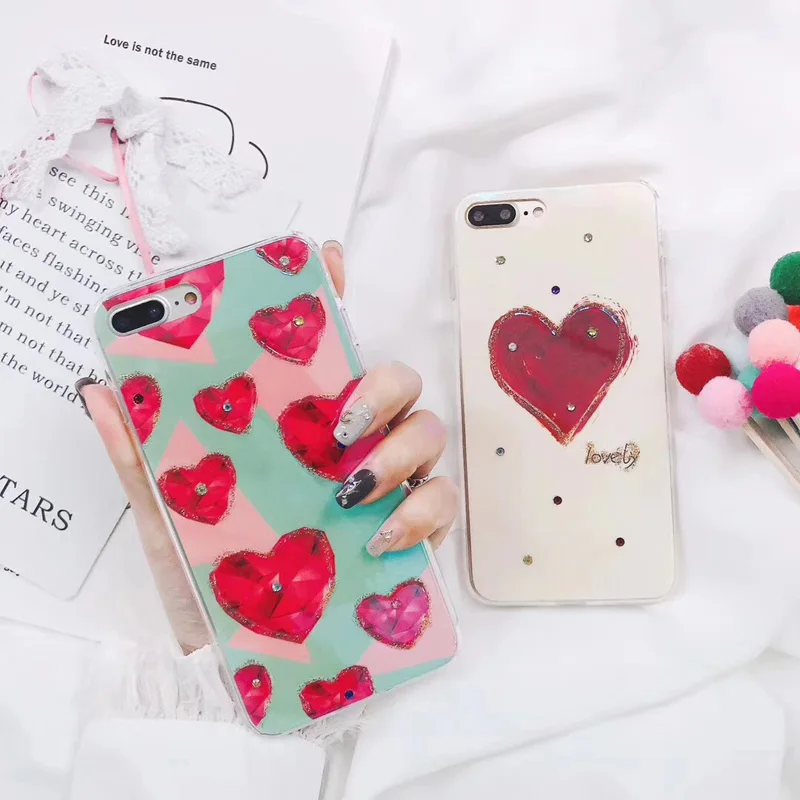Мягкий блестящий чехол для телефона с красным сердцем Blue Ray iphone 8 8plus 7 7plus 6 6s 6plus Love