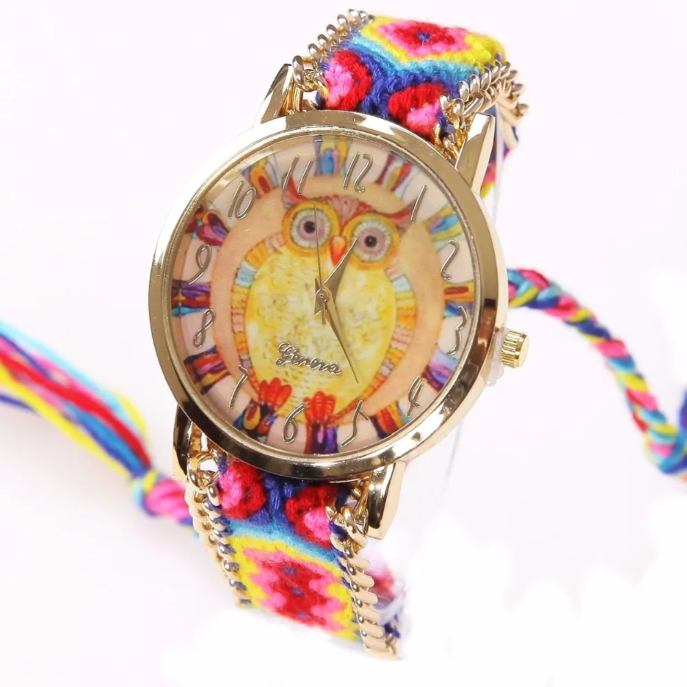 

Gnova Platinum Rainbow Watch Women ethnic fashion owl wristwatch hippie Lace Chain Braided Reloj Girl Vintage Geneva Style A011