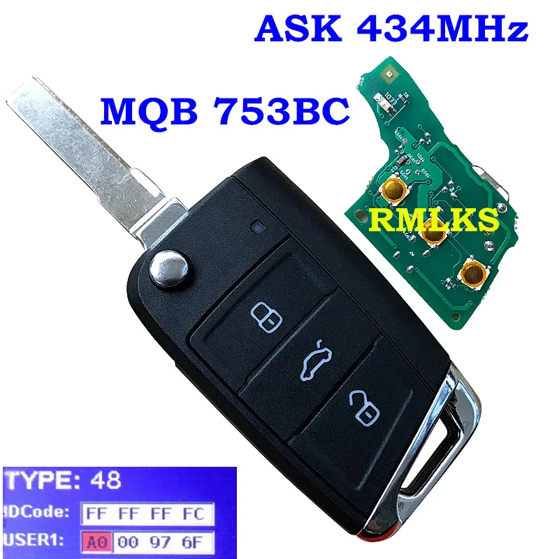 Фото Новый флип чехол с 3 кнопками для VOLKSWAGEN MQB 5G0 959 753BC GOLF VII 7 MK7 чипа Skoda ID48 434 МГц ASK Sliver
