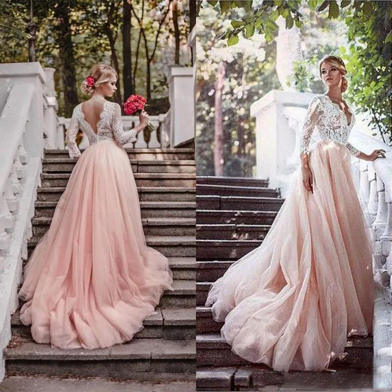 Newest Blush Pink Country Wedding Gowns with Sleeves Deep V Neck Illusion Top Lace Tulle Bridal Gowns Formal Party Dress
Newest Blush Pink Country Wedding Gowns with Sleeves Deep V Neck Illusion Top Lace Tulle Bridal Gowns Formal Party Dress