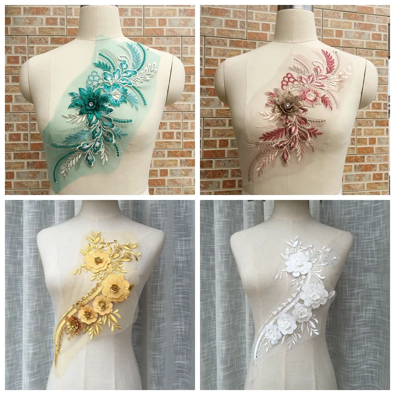 Фото 1 шт. бисером и блестками 3D цветы DIY свадебная аппликация пришить - купить