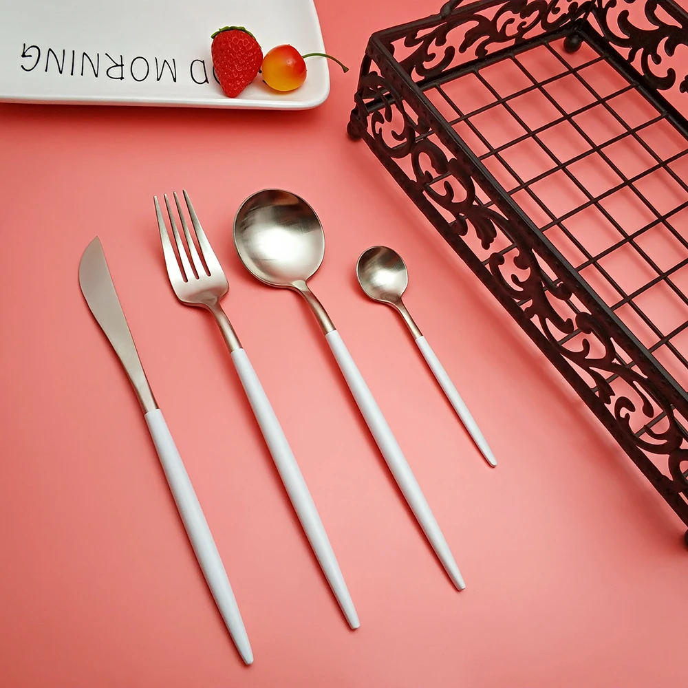 Hot Sale 4 pcs white silver Dinnerware Stainless knife fork spoon Cutlery Kitchen Food Tableware talheres flatware dining Set
Hot Sale 4 pcs white silver Dinnerware Stainless knife fork spoon Cutlery Kitchen Food Tableware talheres flatware dining Set
