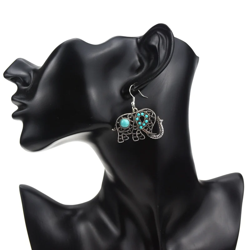 Vintage Gold Color Alloy Elephant Shape Antique Silver Plated Earrings Green Natural Stone Bohemia Boho For Women | Украшения и