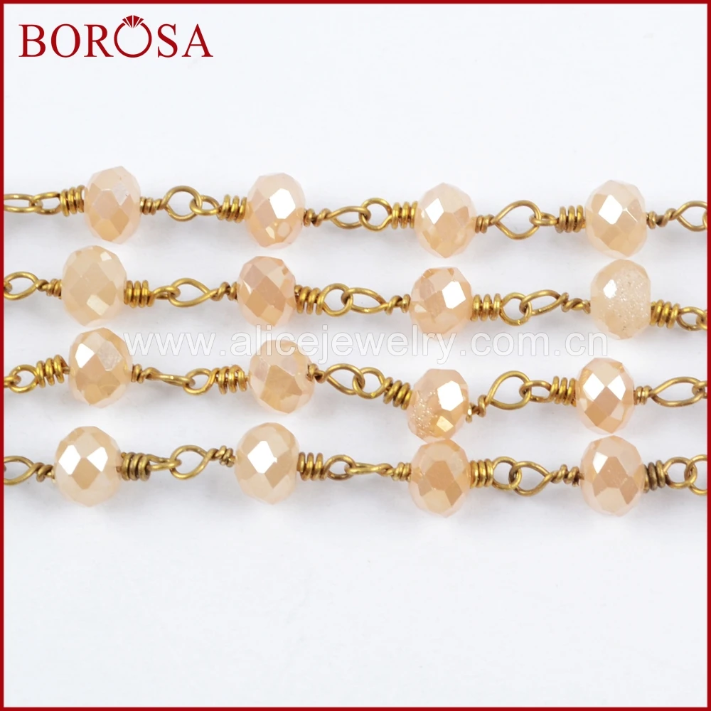 

BOROSA 5Meters Gold Color Or Silver Color 6mm Champagne Crystal Faceted Rosary Chain Beaded Chains for Jewelry Findings JT203