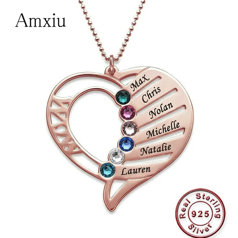 

Amxiu Customize 925 Sterling Silver Necklace Engrave Six Names with Birthstones Heart Pendant Team Friends Family Surprise Gifts