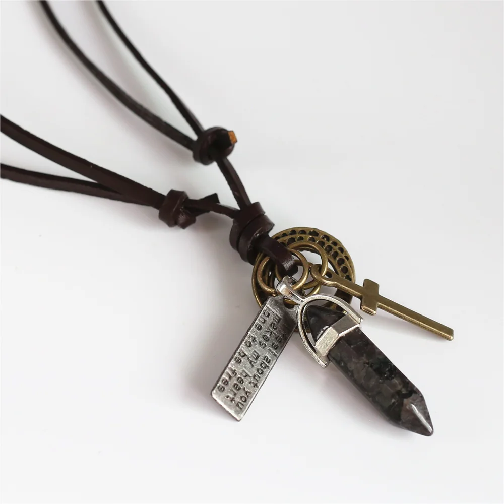 New Punk Vintage Long Leather Rope Sweater Chain Bronze Hoops Cross Natural Stone Pendant Necklace Men Women Femme Homme Jewelry
New Punk Vintage Long Leather Rope Sweater Chain Bronze Hoops Cross Natural Stone Pendant Necklace Men Women Femme Homme Jewelry