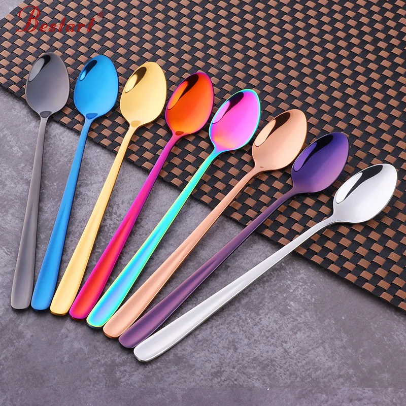 

8 Pcs/Set Spoon Long Handled Stainless Steel Tea Coffee Mixing Spoons Set Cake Fruit Ice Cream Dessert Teaspoon Drinking Tools