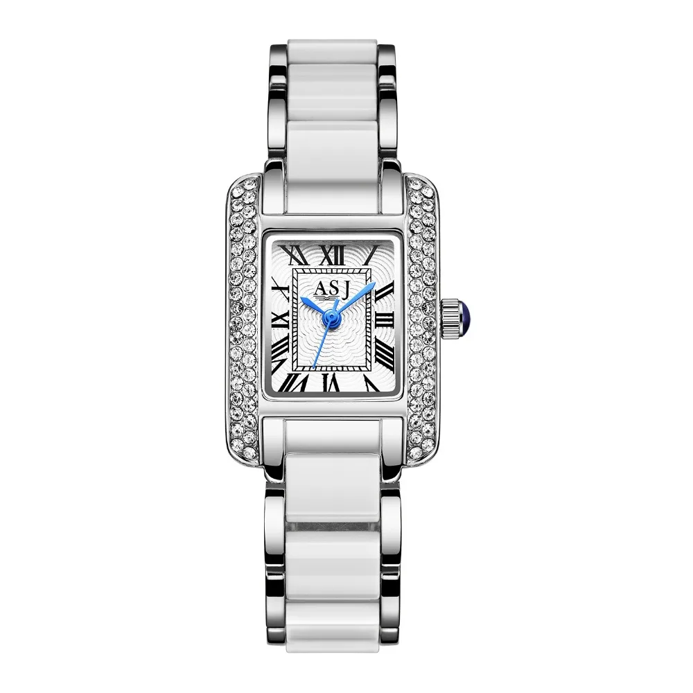 

NEW ASJ Luxury Ceramic Women's Watches Silver Crystal Classic Ladies Dress Watch Quartz Wristwatch Roman Style Clock reloj mujer