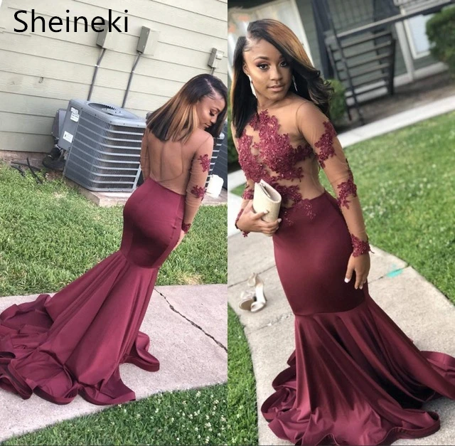 Sheer Long Sleeve Mermaid Burgundy Prom Dresses Long 2019 Lace Sexy African Black Girls Formal Evening Gowns robe de soiree
Sheer Long Sleeve Mermaid Burgundy Prom Dresses Long 2019 Lace Sexy African Black Girls Formal Evening Gowns robe de soiree