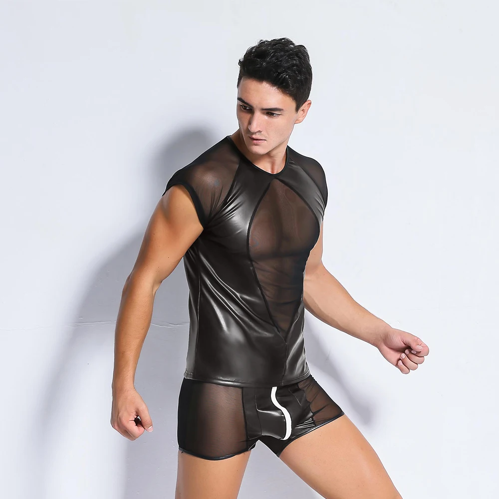 Sexy Men's Black Mesh T-Shirt Tops Tees+Trunks Fun Patent Leather Fetish Latex DS Lingerie Catsuit Exotic Club wear Costumes
Sexy Men's Black Mesh T-Shirt Tops Tees+Trunks Fun Patent Leather Fetish Latex DS Lingerie Catsuit Exotic Club wear Costumes