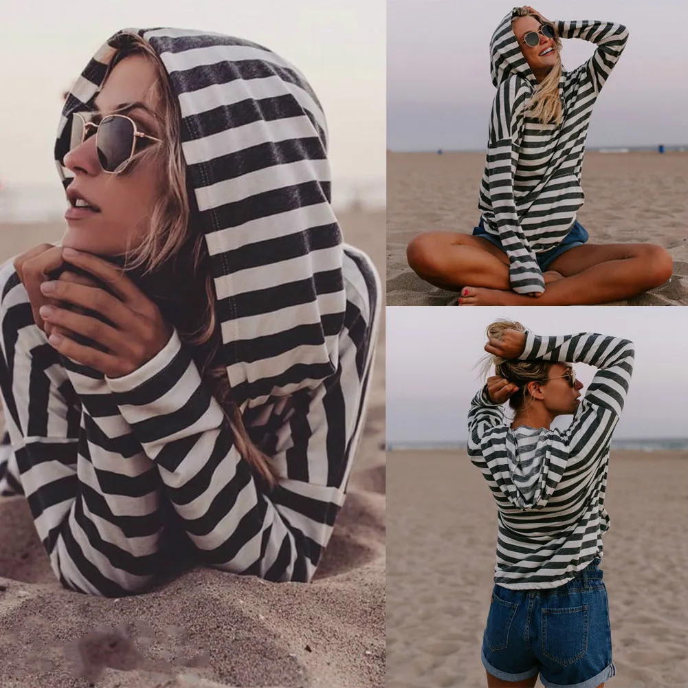 Women Hoodies Long Sleeve Pullover Stripe Sweatshirt Casual Tops Autumn Gray White Stripes Hooded Tops
Women Hoodies Long Sleeve Pullover Stripe Sweatshirt Casual Tops Autumn Gray White Stripes Hooded Tops