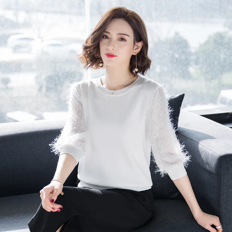 High quality spring women's lace sleeve linen blouse tops half sleeve lady knit blouse shirts
High quality spring women's lace sleeve linen blouse tops half sleeve lady knit blouse shirts
