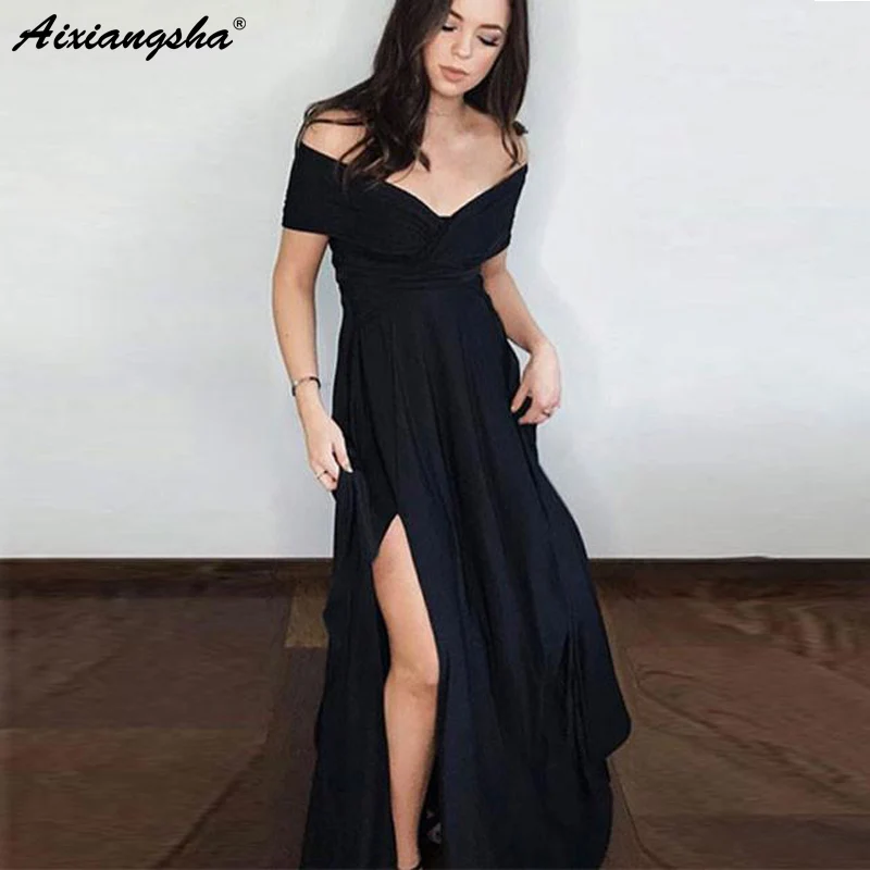 Elegant Off the Shoulder V-Neck Long Evening Party Dress with Slit A-Line Chiffon Black Prom Dress
Elegant Off the Shoulder V-Neck Long Evening Party Dress with Slit A-Line Chiffon Black Prom Dress