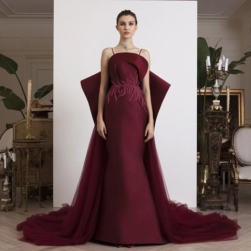 Elegant Burgundy Evening Gowns 2018 High Quality Embroidery Spaghetti Mermaid Prom Gowns with Tulle Overskirt Custom Made
Elegant Burgundy Evening Gowns 2018 High Quality Embroidery Spaghetti Mermaid Prom Gowns with Tulle Overskirt Custom Made