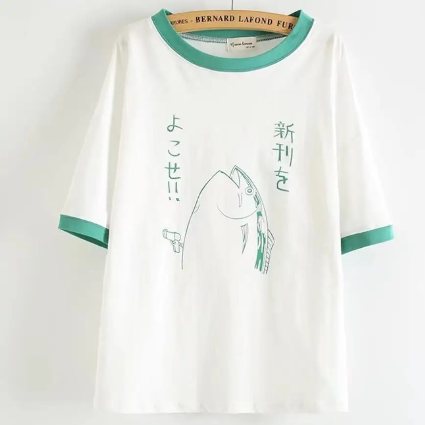 Japanese Mori girl simple cute fish head printing letter set head loose o-neck short-sleeve T-shirt tops
Japanese Mori girl simple cute fish head printing letter set head loose o-neck short-sleeve T-shirt tops