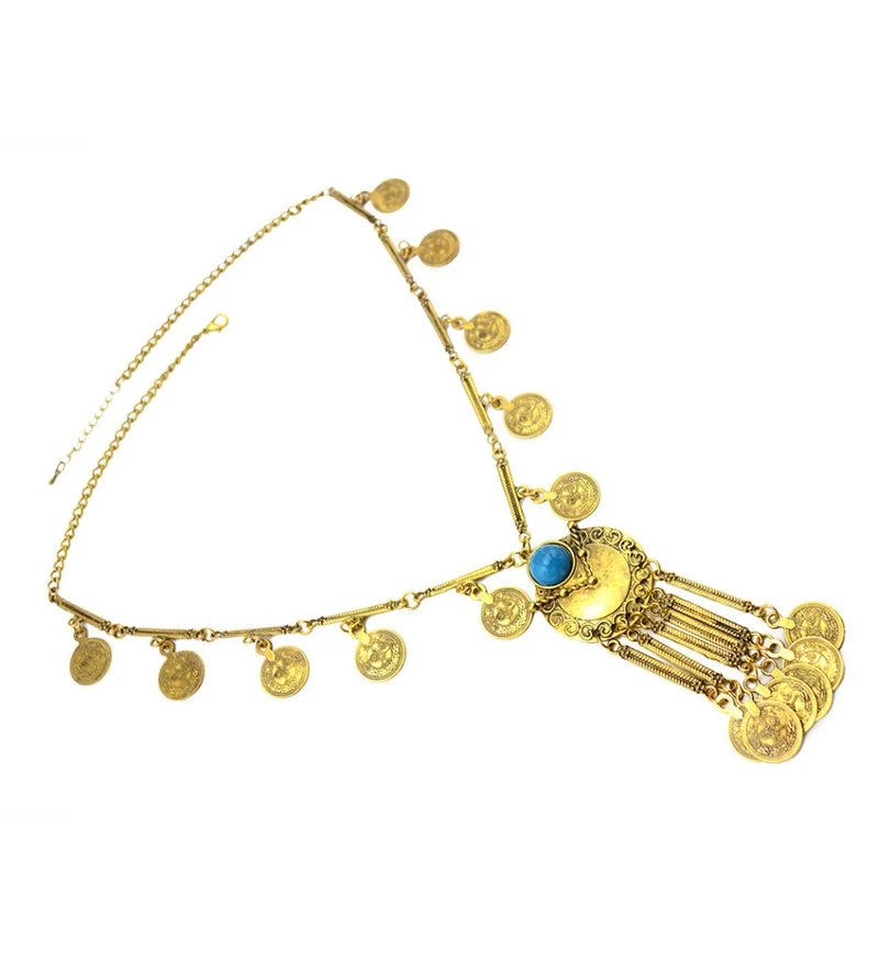 

Bohemian Blue Resin Beads Gem Vintage Gold Coin Long Pendant Necklace Gypsy Tribal Ethnic Turkish Jewelry