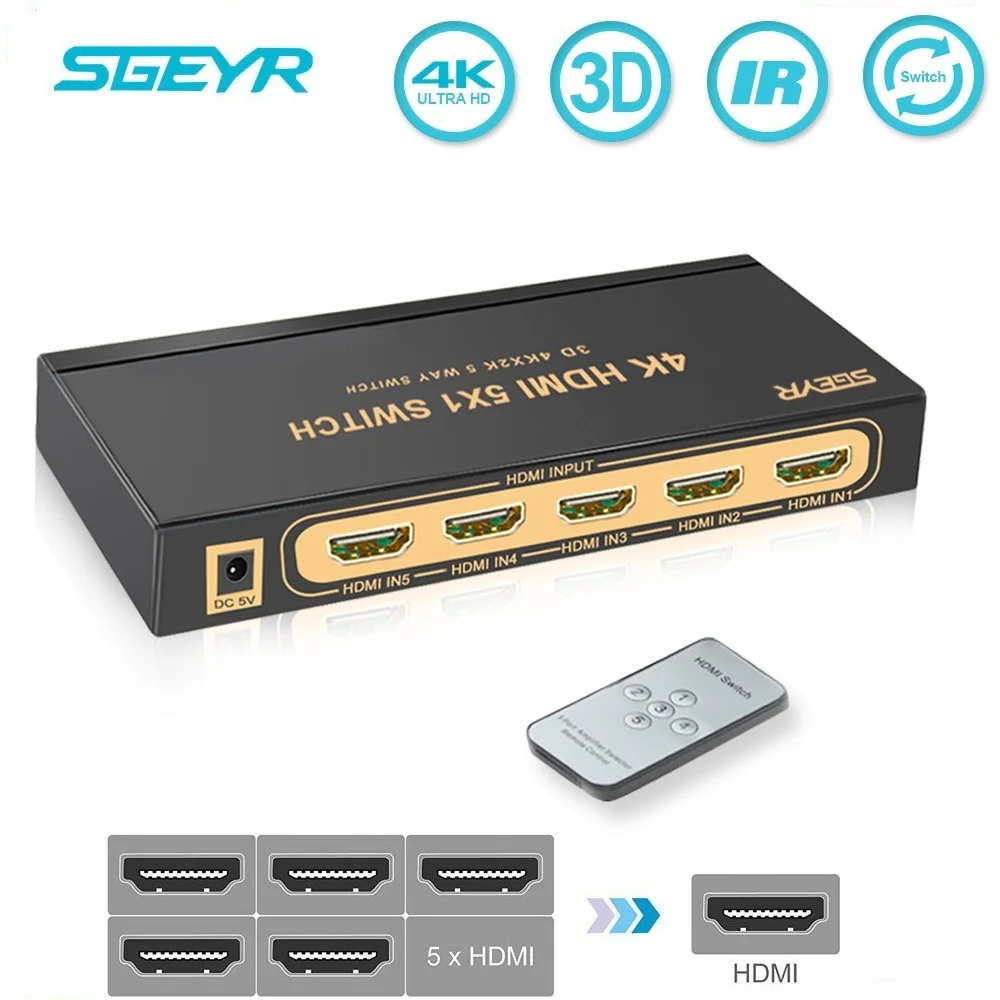 Сплиттер HDMI SGEYR 5 входов 1 выход 4 переключатель 5x1 поддержка 4K x 2K для HDTV XBOX PS4 Smart
