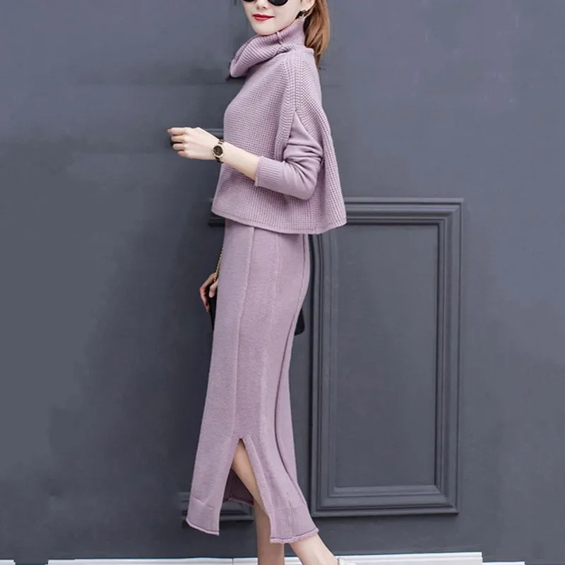 2020 New Autumn Winter Lady Sets Fashion Solid Turtleneck Top Sweater Mid Calf Long Dress 2 Piece Set Ladies Casual Knitted Suit | Женская