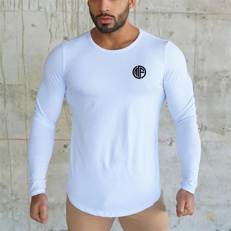 New 2021 Autumn Fashion Men's T Shirt Casual Sportswear Long Sleeve Mens Gyms Clothing Curved hem Fitness Slim Fit Tees | Мужская