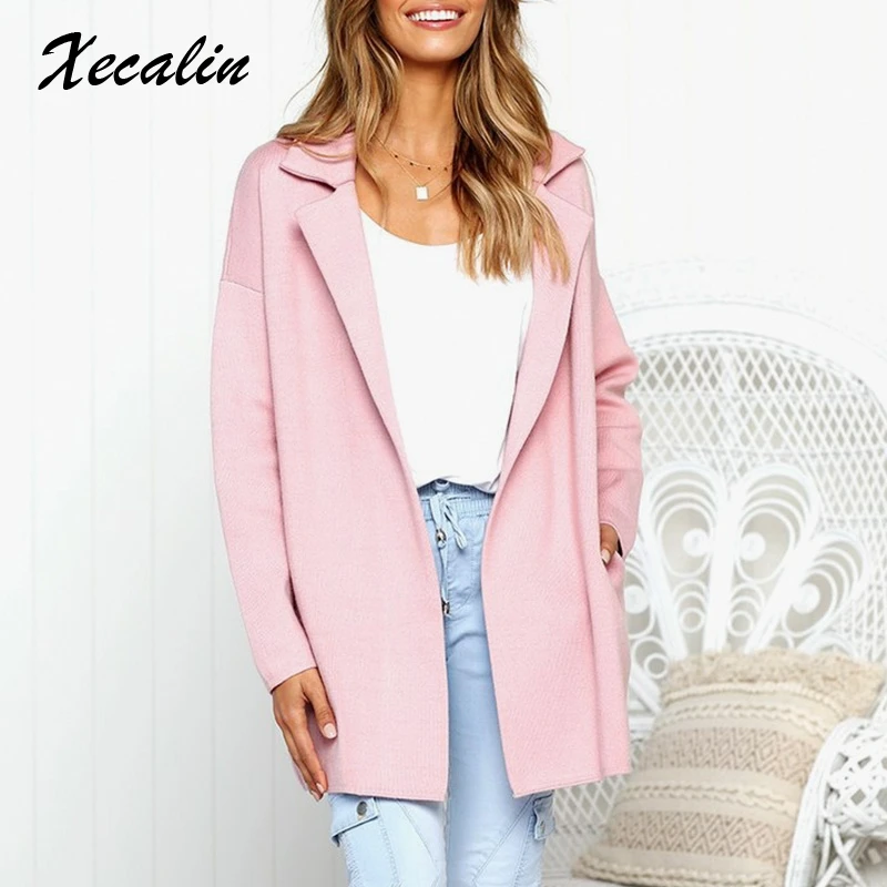 Xecalin однотонные розовые повседневное ажурное пальто для женщин манто Femme Hiver